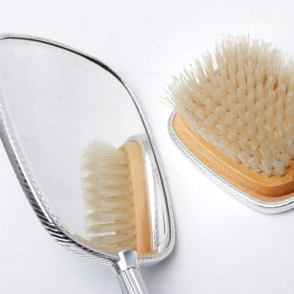 Vintage Vanity Dressing Table Brush Mirror Set England Metal Silver Wood - Picture 5 of 13